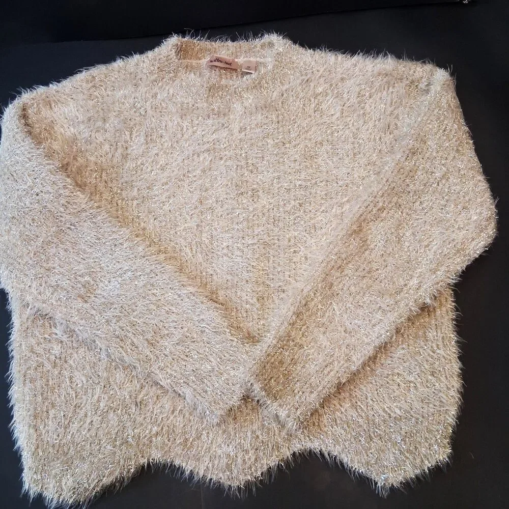 Willow Root Women's M Cropped Tinsel Sweater Champagne Gold Long Sleeve Party